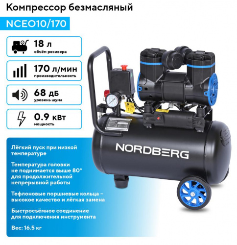 Компрессор безмасляный 220 В, ресивер 18 л, 170 л/мин